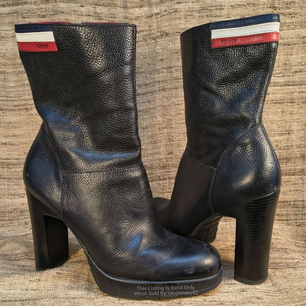 Vintage Y2K Tommy Hilfiger Black Leather Platform Boots